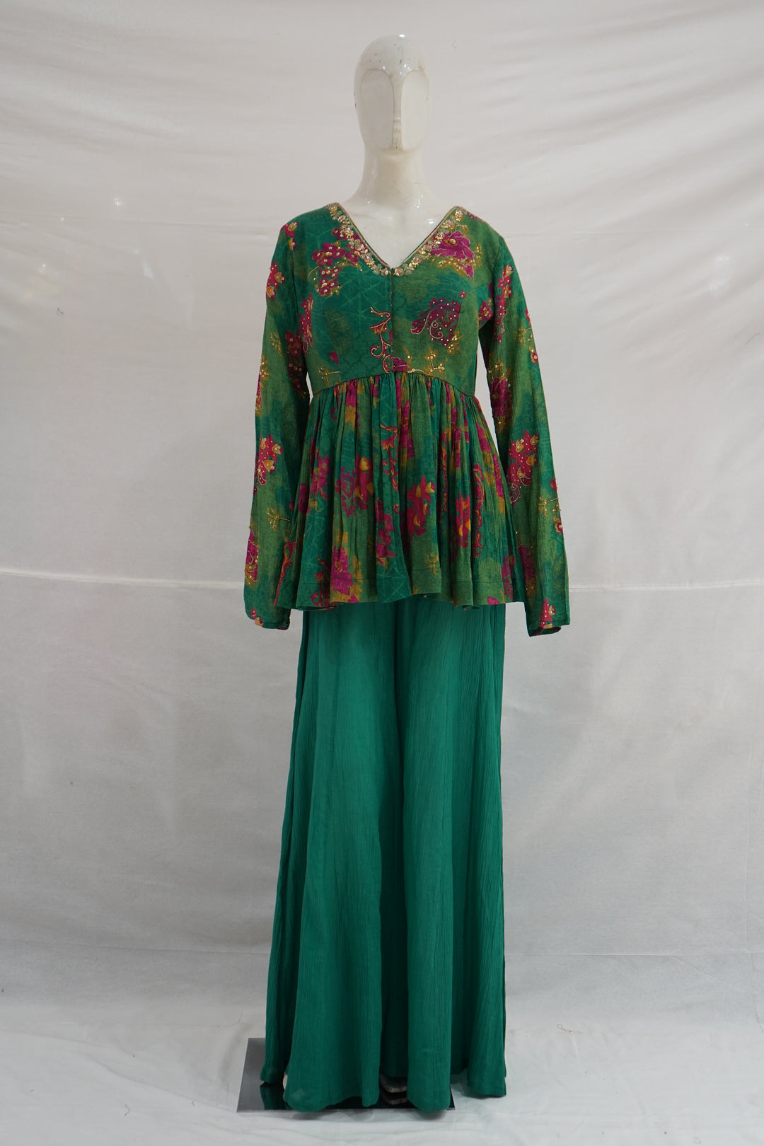 Teal Floral Printed Peplum Top with Palazzo Set