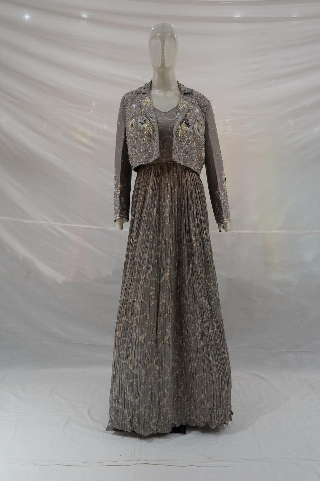 Taupe Embellished Jacket Gown with Metallic Detailing