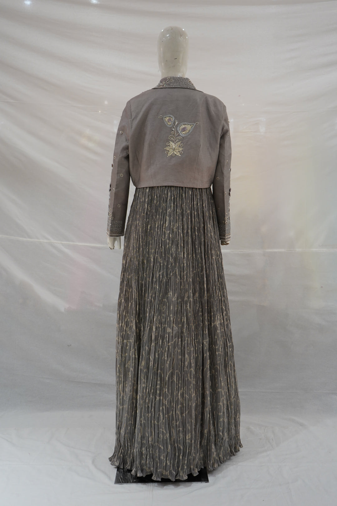 Taupe Embellished Jacket Gown with Metallic Detailing