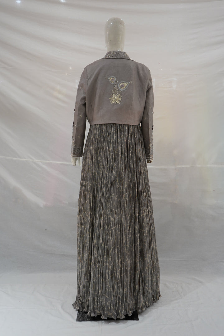 Taupe Embellished Jacket Gown with Metallic Detailing