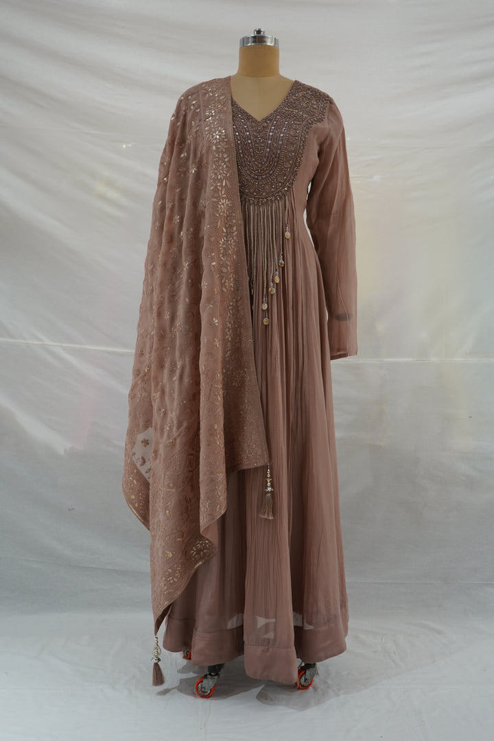 Dusty Rose Embroidered Anarkali Set with Organza Dupatta