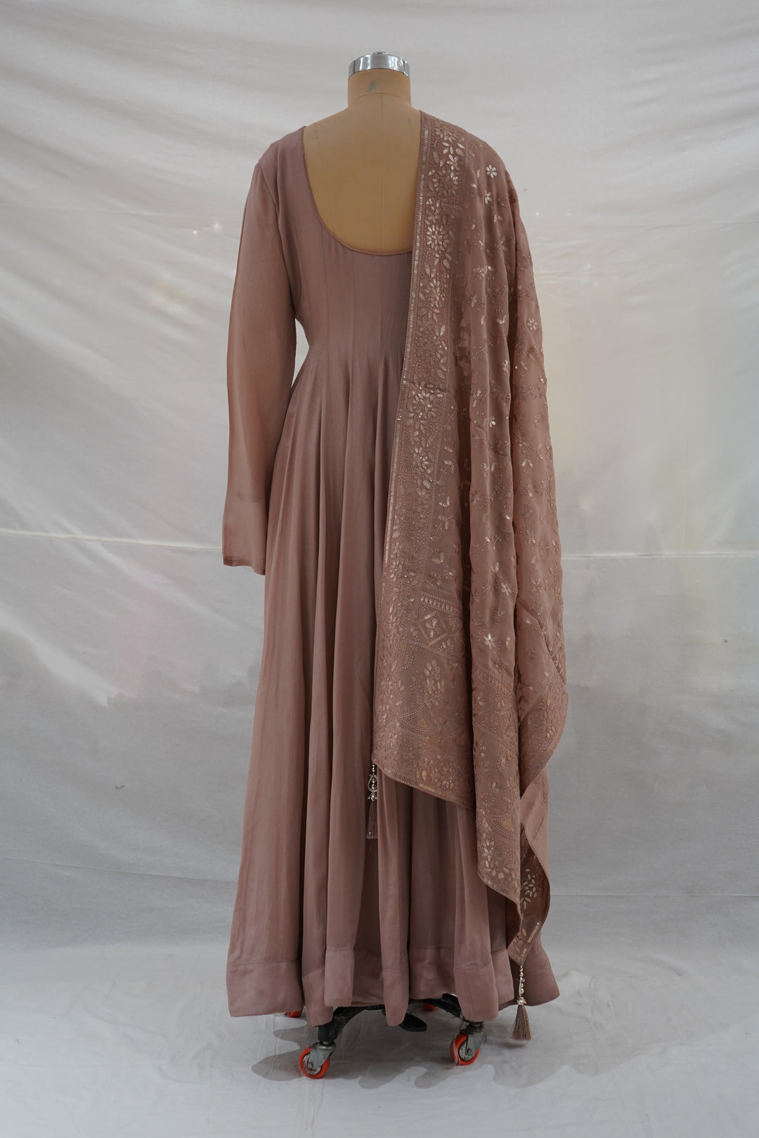 Dusty Rose Embroidered Anarkali Set with Organza Dupatta