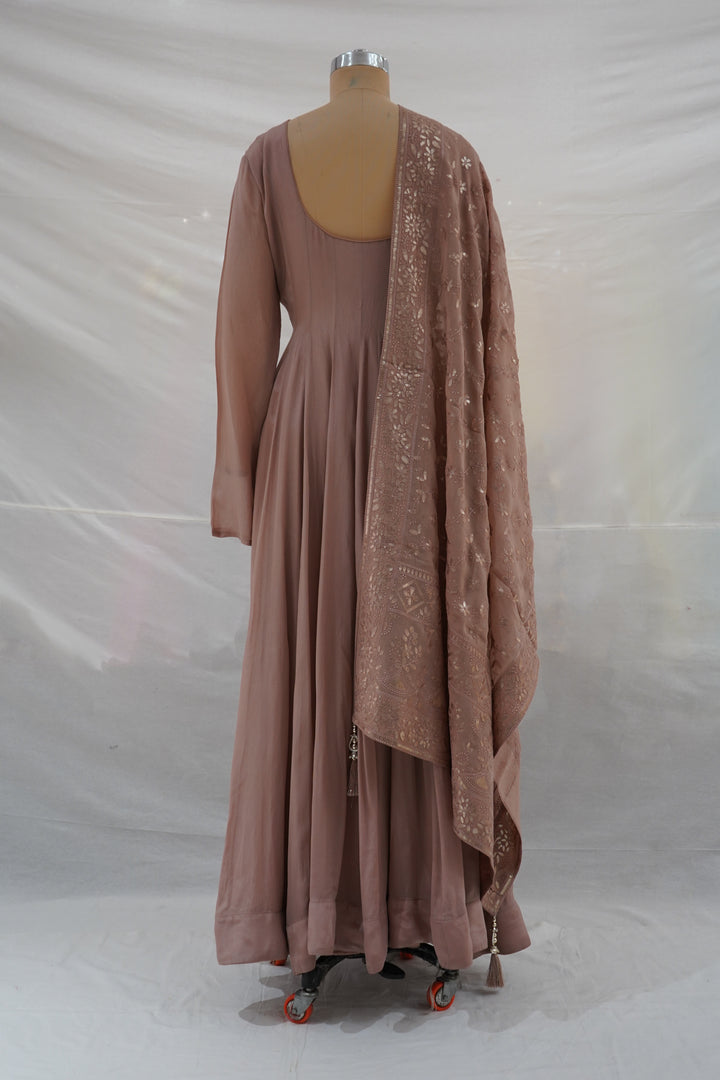 Dusty Rose Embroidered Anarkali Set with Organza Dupatta