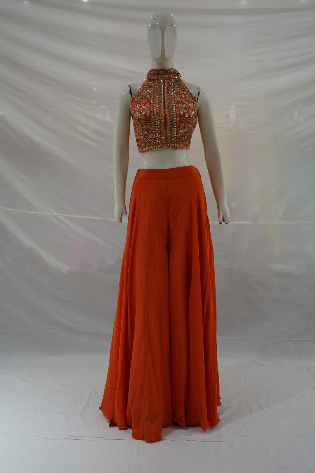 Orange Embroidered Halter Neck Palazzo Set