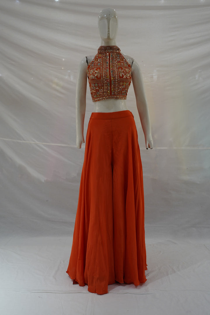 Orange Embroidered Halter Neck Palazzo Set