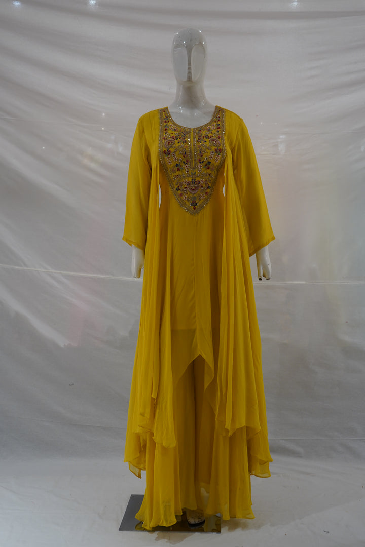 Sunshine Yellow Embroidered Layered Kurta Palazzo Set