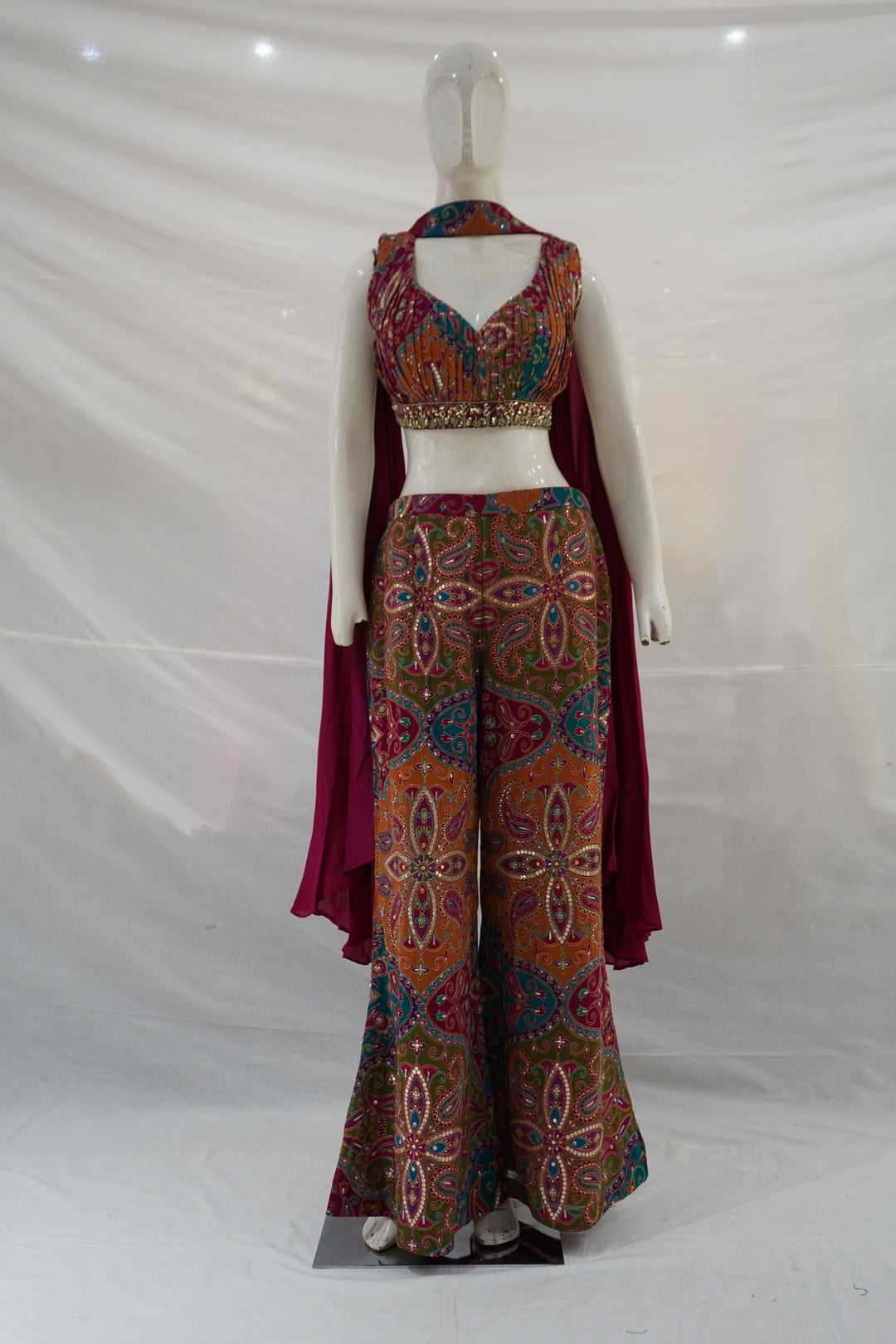Multicolour Printed Crop Top & Palazzo Co-ord Set with Cape Dupatta