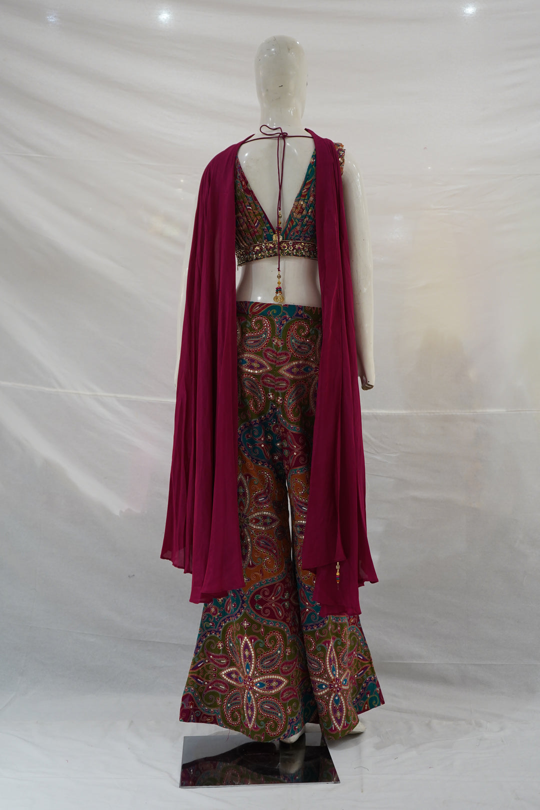 Multicolour Printed Crop Top & Palazzo Co-ord Set with Cape Dupatta