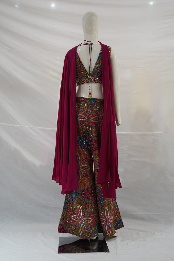 Multicolour Printed Crop Top & Palazzo Co-ord Set with Cape Dupatta