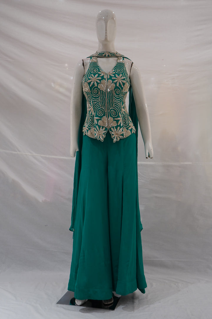 Teal Embroidered Halter Top & Palazzo Set