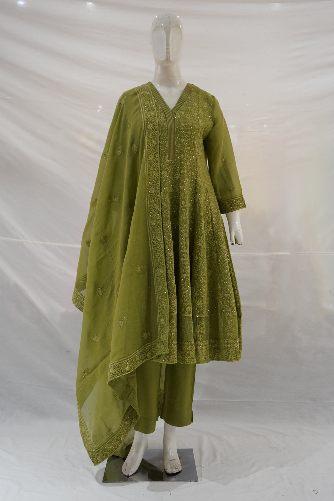 Olive Green Embroidered Anarkali Suit Set with Dupatta