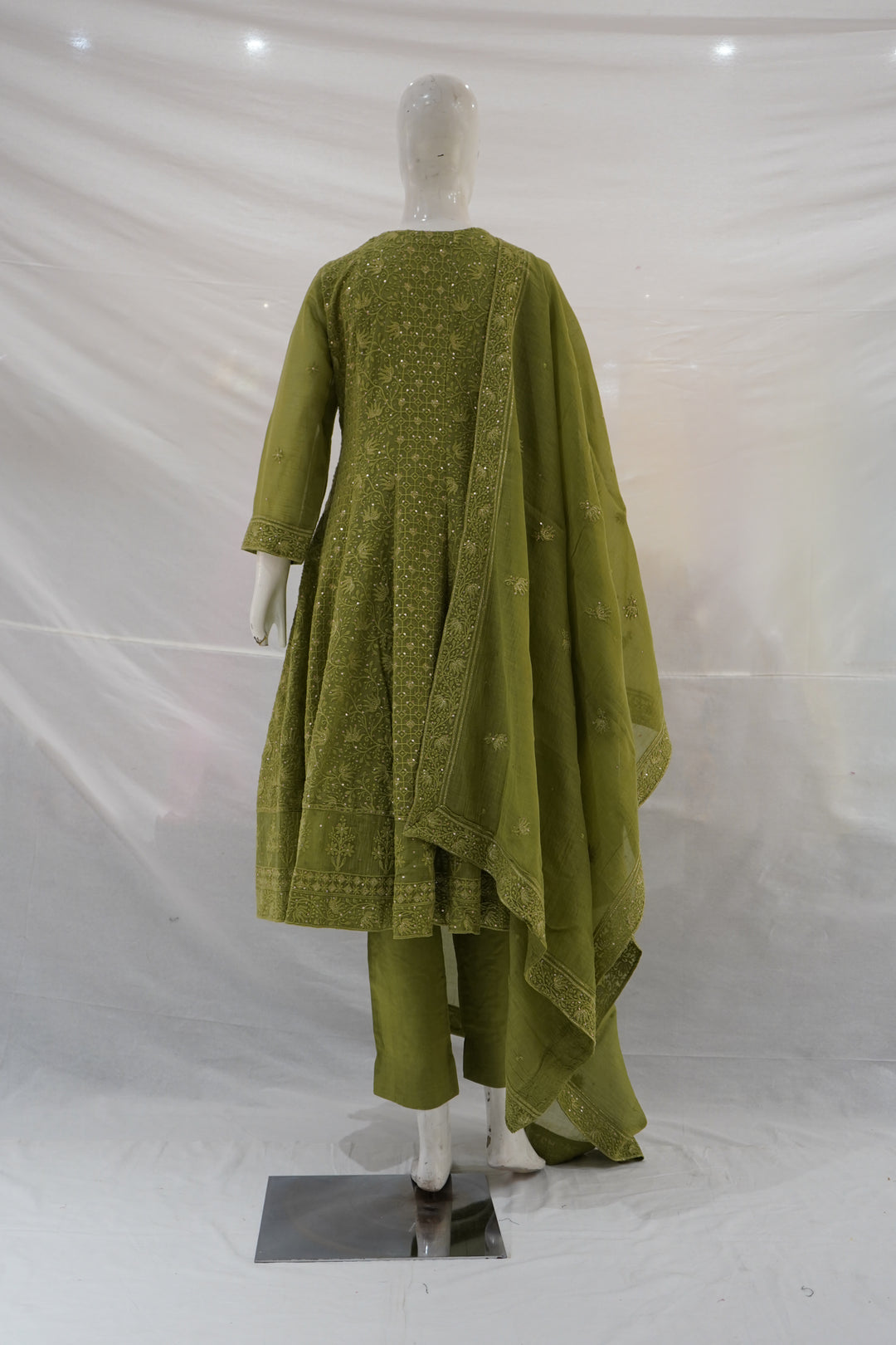 Olive Green Embroidered Anarkali Suit Set with Dupatta
