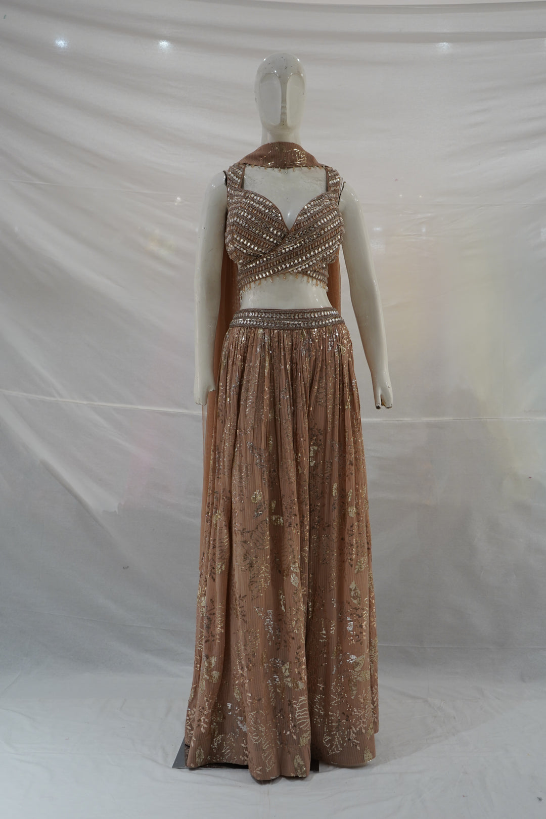 Blush Nude Embellished Lehenga Set with Mirror Work Blouse and Choker Dupatta