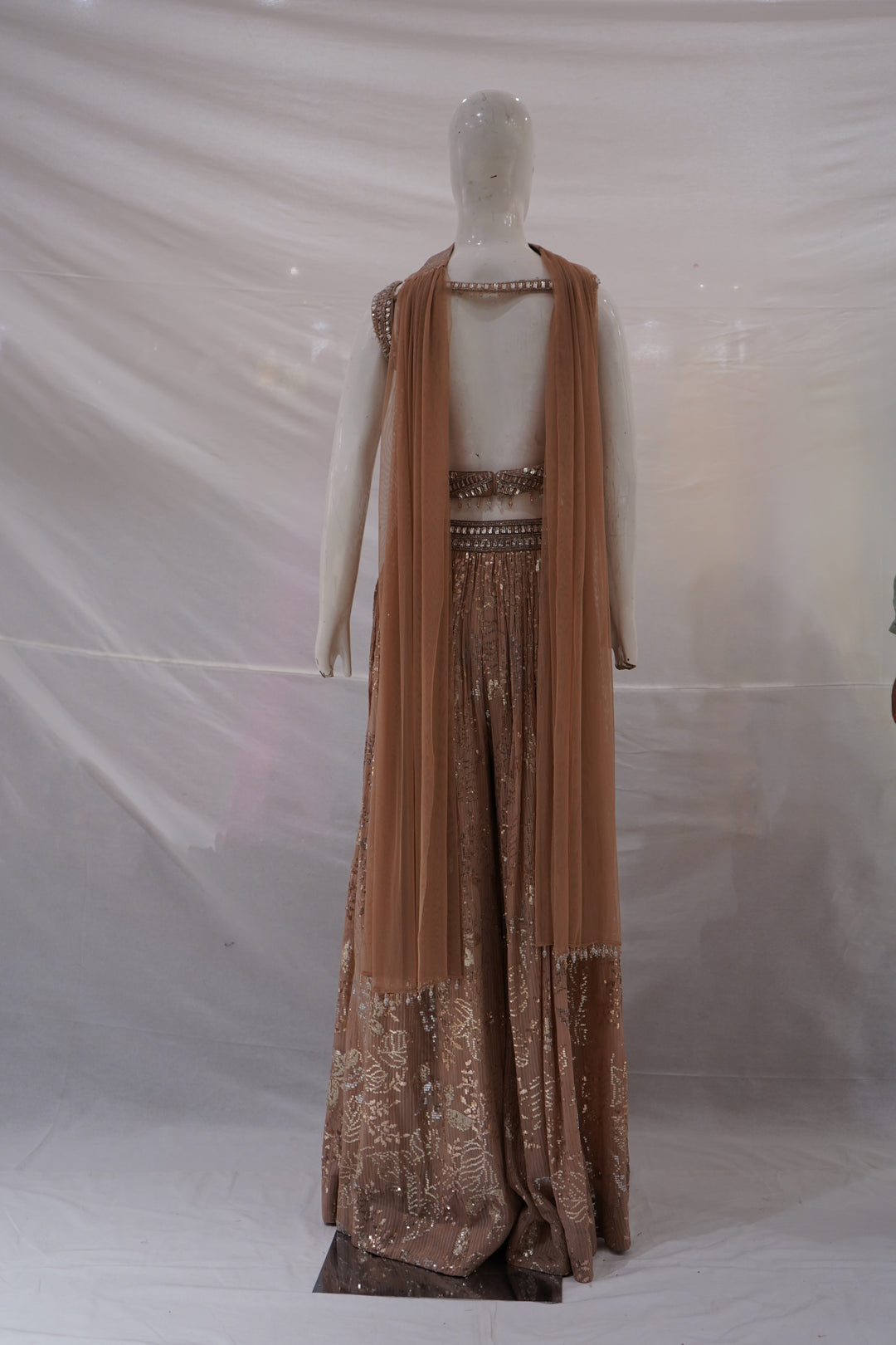 Blush Nude Embellished Lehenga Set with Mirror Work Blouse and Choker Dupatta