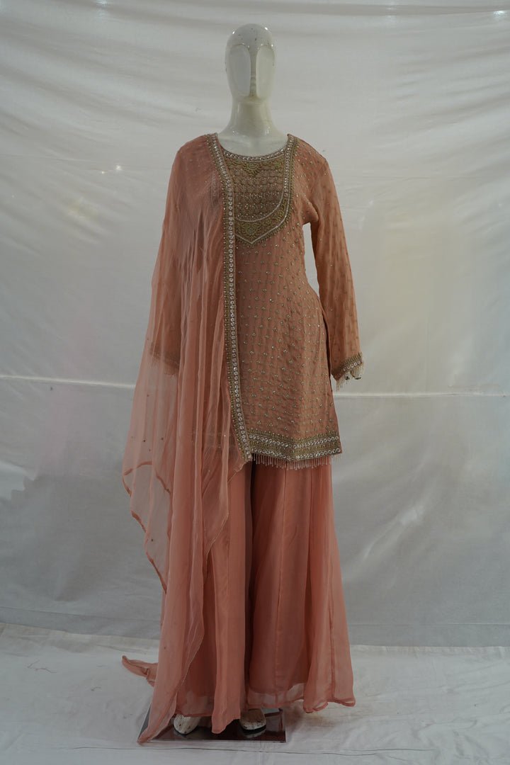 Peach Embroidered Kurta Palazzo Set with Dupatta
