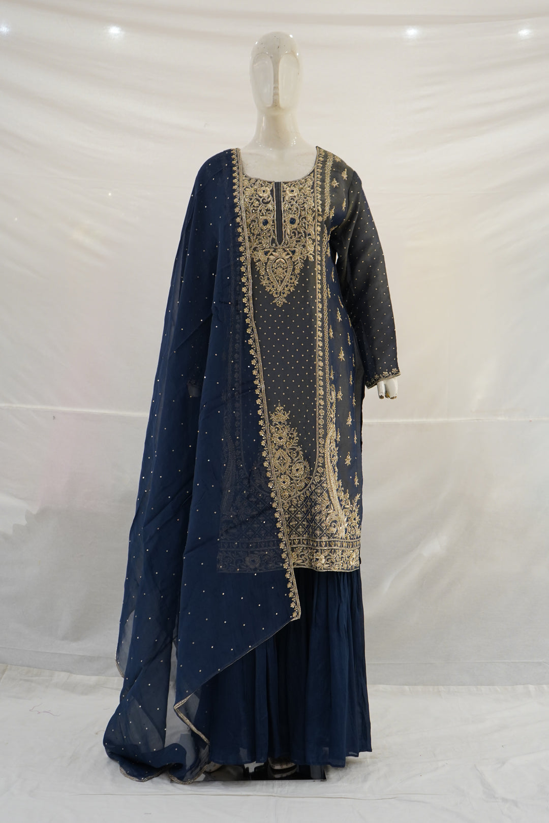 Navy Blue Embroidered Kurta Sharara Set with Dupatta