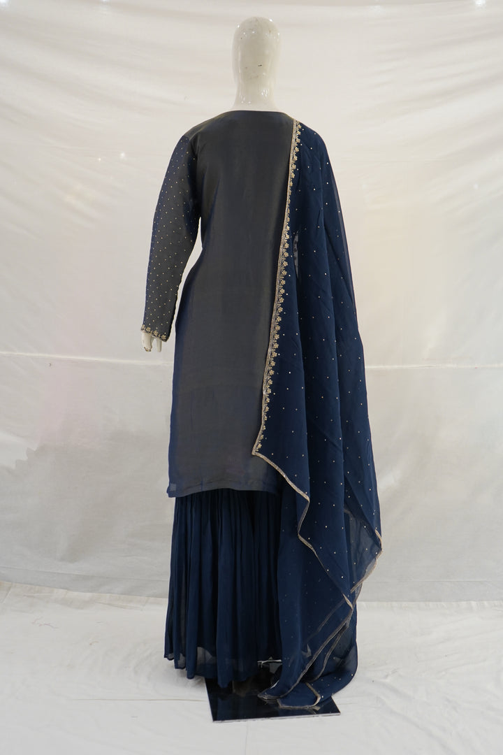 Navy Blue Embroidered Kurta Sharara Set with Dupatta