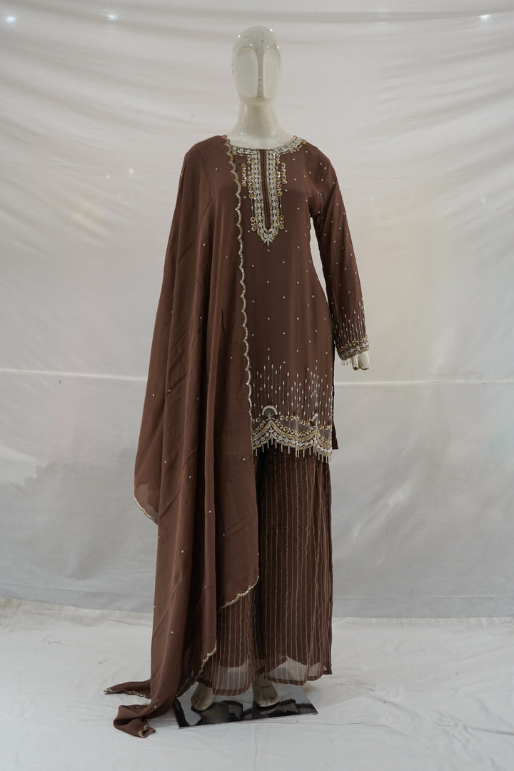 Chocolate Brown Embroidered Kurta Palazzo Set with Dupatta