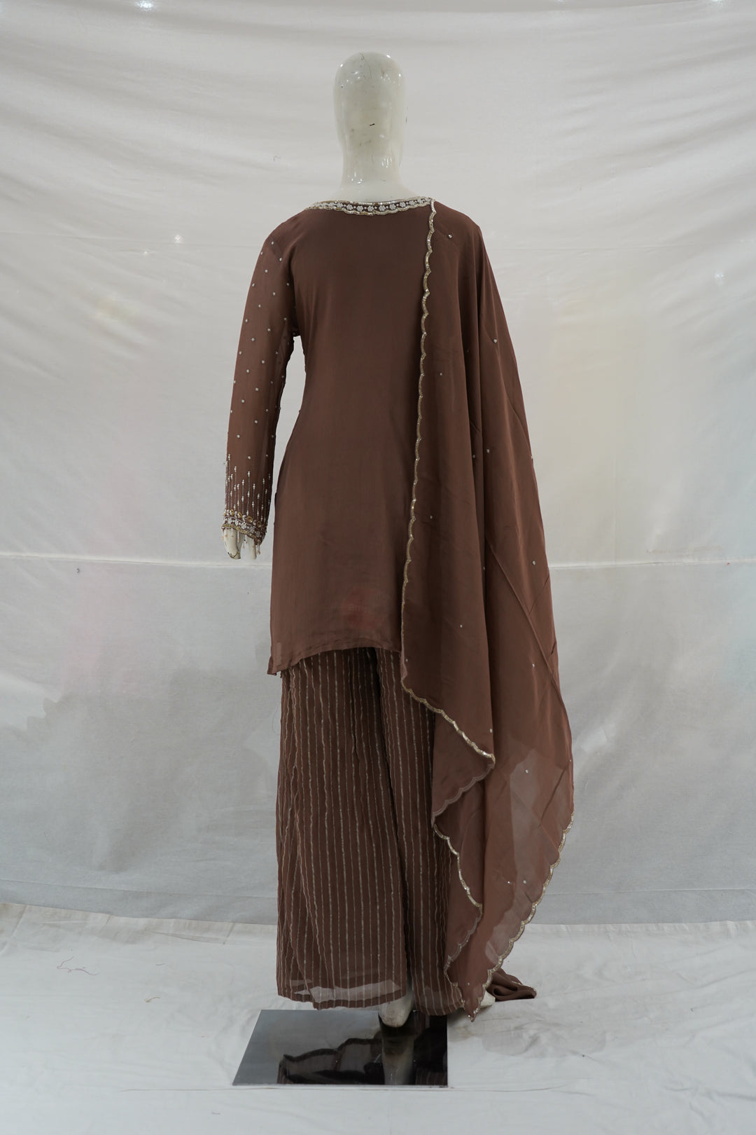 Chocolate Brown Embroidered Kurta Palazzo Set with Dupatta