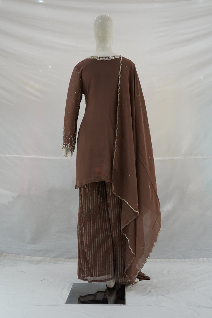 Chocolate Brown Embroidered Kurta Palazzo Set with Dupatta