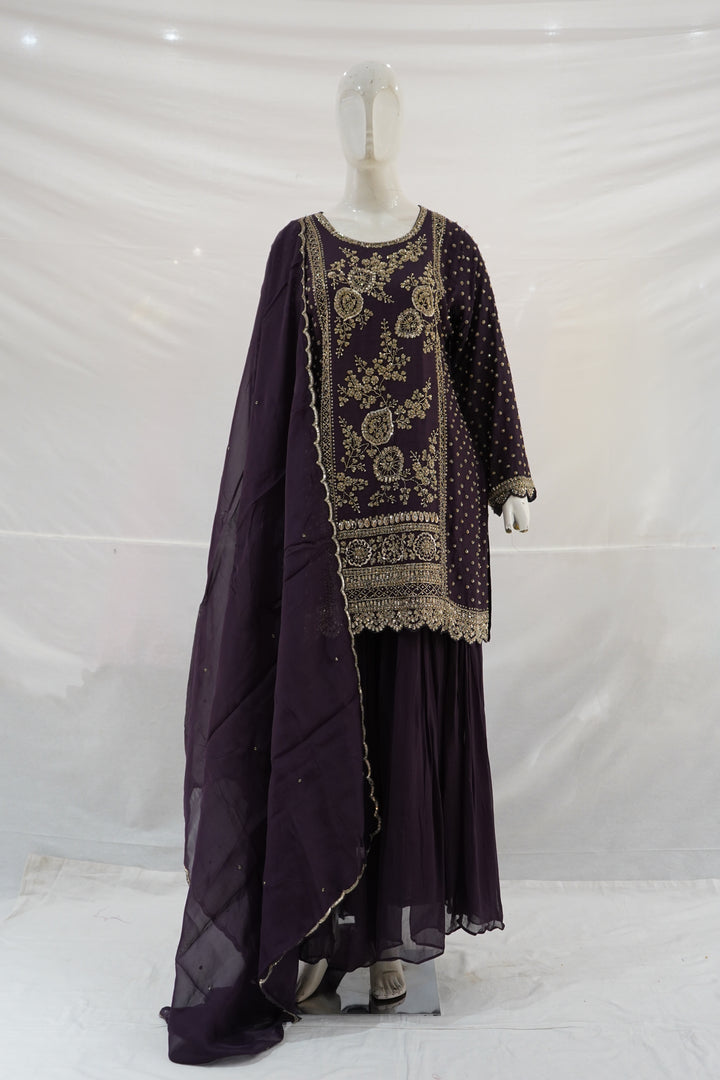 Royal Purple Embroidered Kurta Sharara Set with Dupatta
