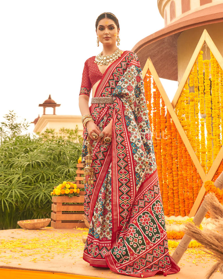 Daisy White Ikat Printed Patola Saree With Red Contrast Zari Woven Border