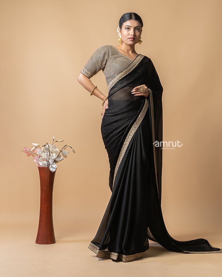 Dark Black Chiffon Saree With Sequins Embroidered Stitched Blouse