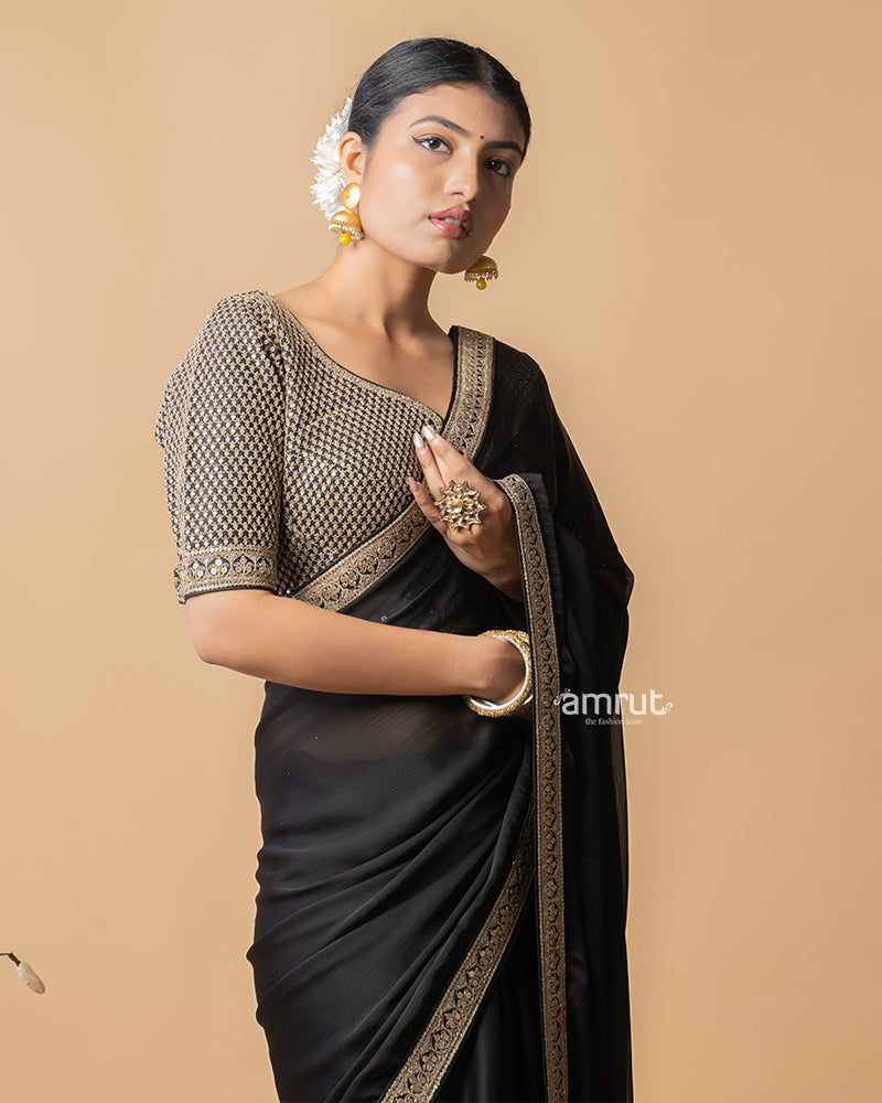 Dark Black Chiffon Saree With Sequins Embroidered Stitched Blouse