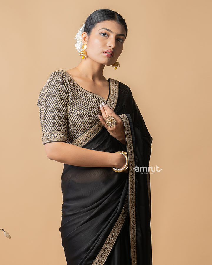 Dark Black Chiffon Saree With Sequins Embroidered Stitched Blouse