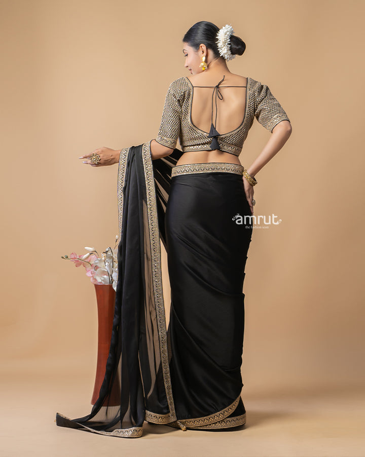 Dark Black Chiffon Saree With Sequins Embroidered Stitched Blouse