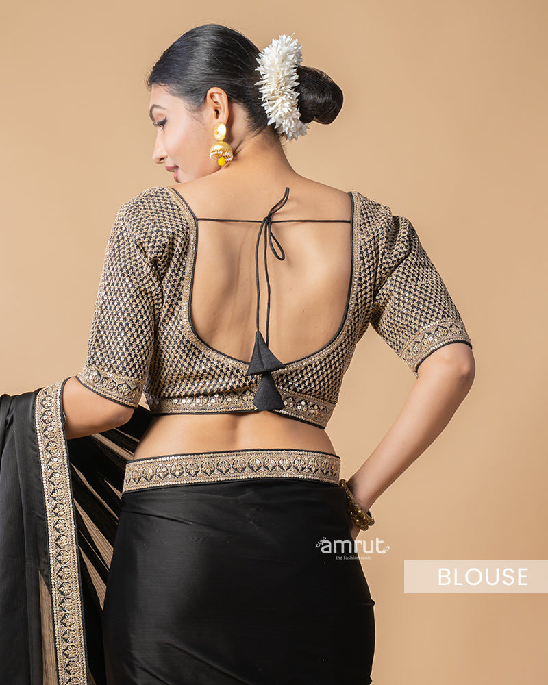 Dark Black Chiffon Saree With Sequins Embroidered Stitched Blouse