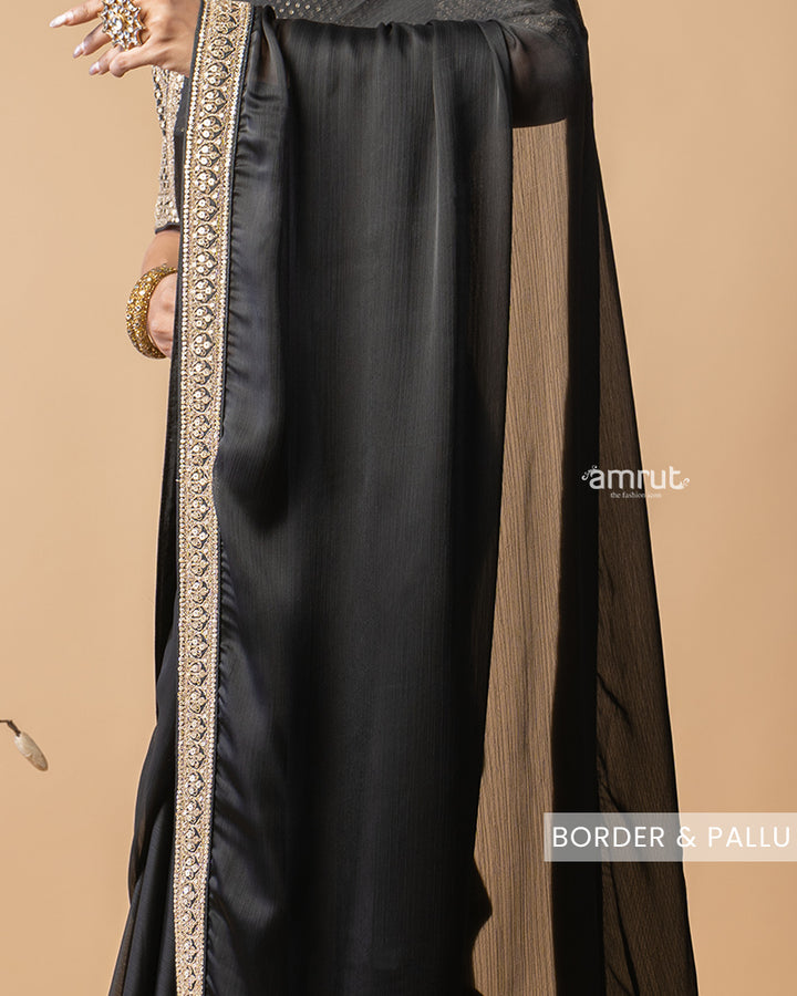 Dark Black Chiffon Saree With Sequins Embroidered Stitched Blouse