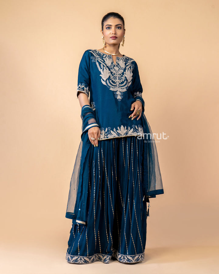 Dark Blue Embroidered Palazzo Set Paired with a Net Dupatta