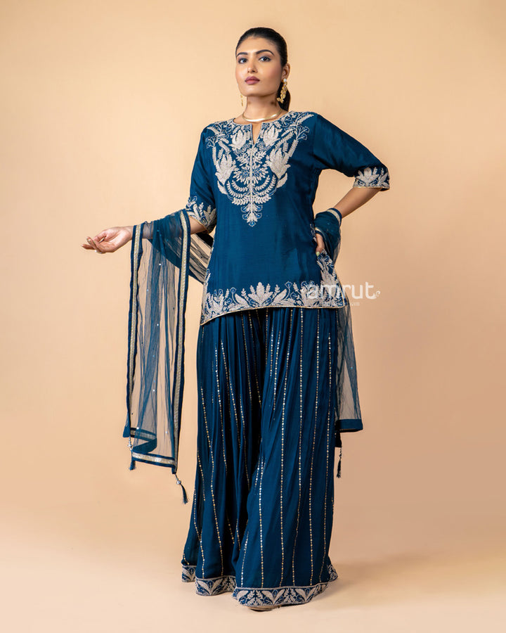 Dark Blue Embroidered Palazzo Set Paired with a Net Dupatta