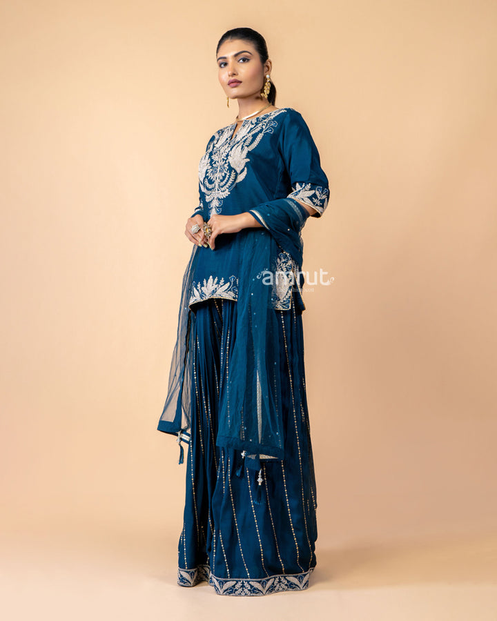 Dark Blue Embroidered Palazzo Set Paired with a Net Dupatta