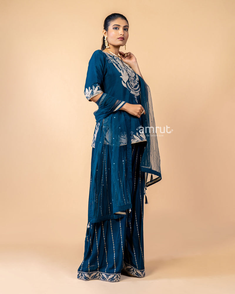 Dark Blue Embroidered Palazzo Set Paired with a Net Dupatta