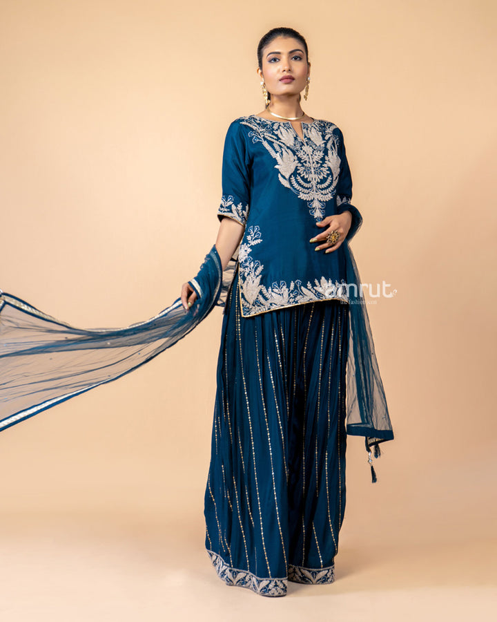 Dark Blue Embroidered Palazzo Set Paired with a Net Dupatta