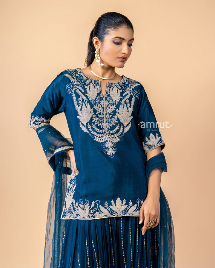 Dark Blue Embroidered Palazzo Set Paired with a Net Dupatta