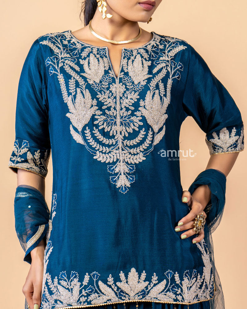 Dark Blue Embroidered Palazzo Set Paired with a Net Dupatta