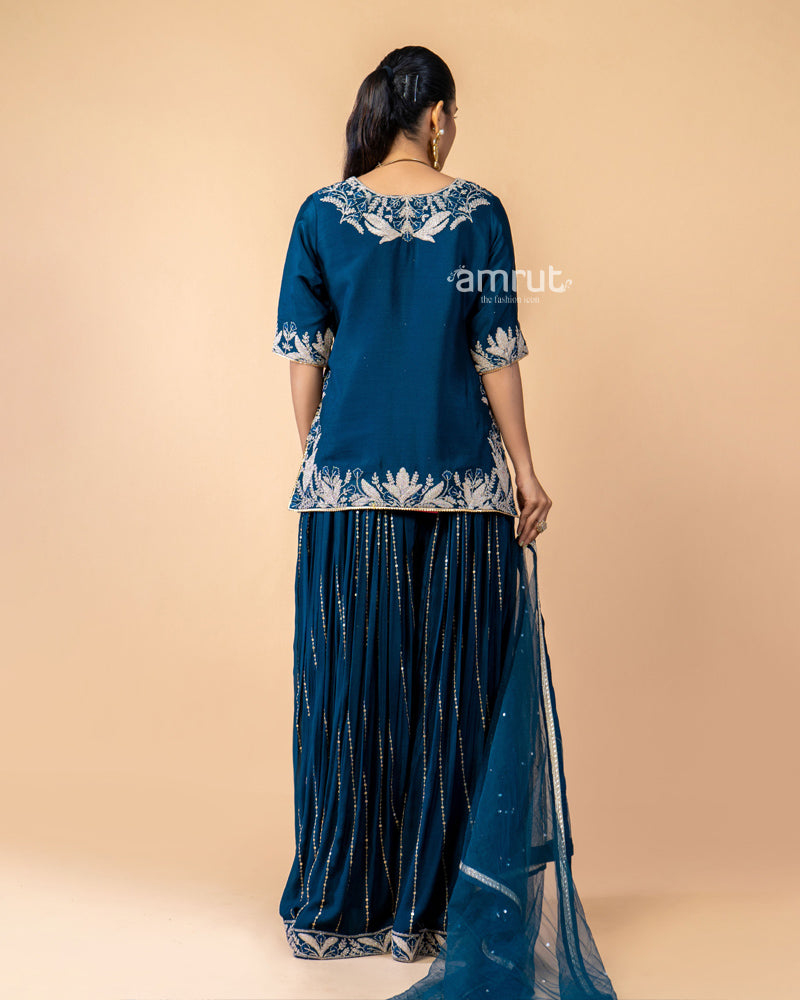 Dark Blue Embroidered Palazzo Set Paired with a Net Dupatta