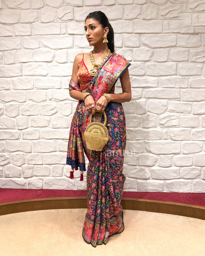 Dark Blue Floral Printed Silk Saree With Contrast Border