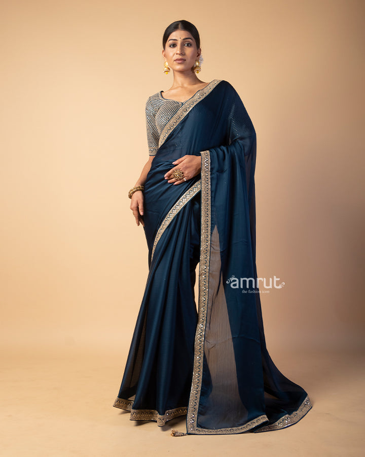 Dark Blue Georgette Saree With Embroidered Stitched Blouse