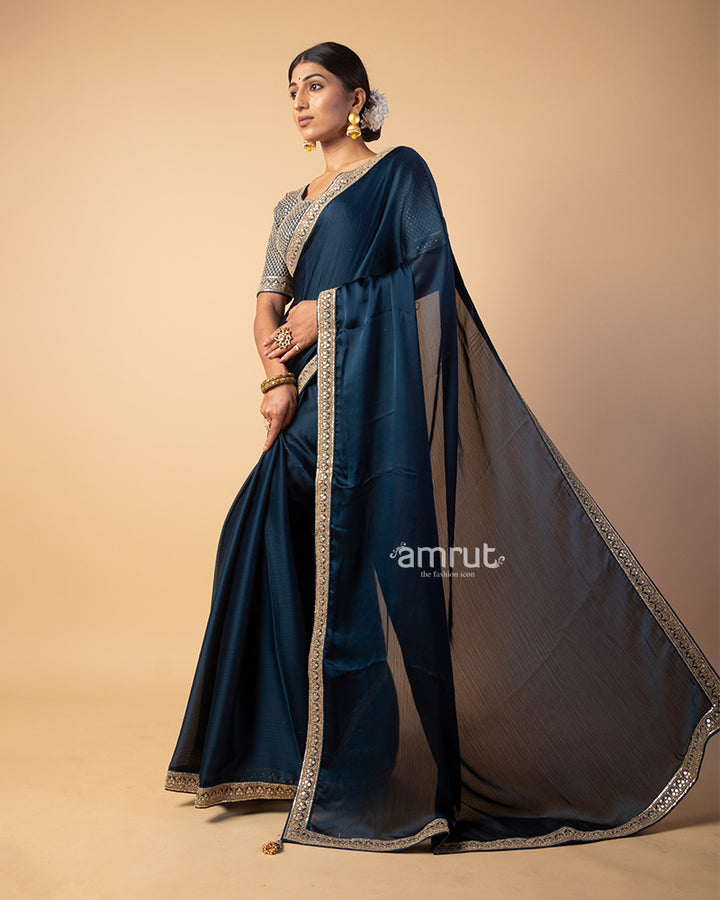 Dark Blue Georgette Saree With Embroidered Stitched Blouse