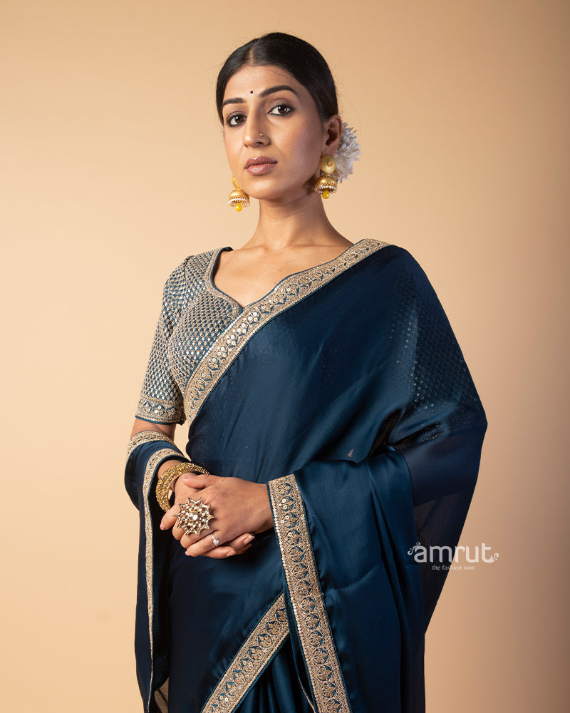 Dark Blue Georgette Saree With Embroidered Stitched Blouse