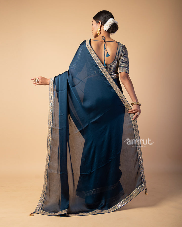 Dark Blue Georgette Saree With Embroidered Stitched Blouse