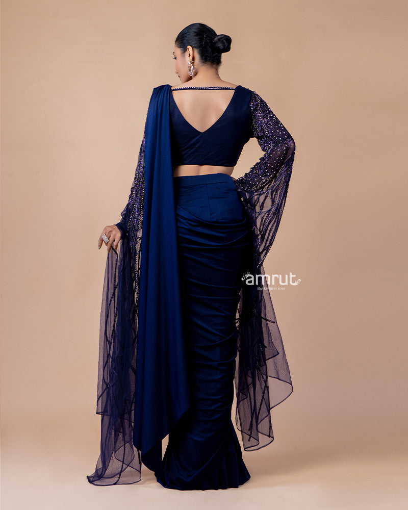 Dark Blue Imported Lycra Ready To Wear Sarees