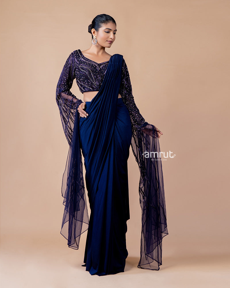 Dark Blue Imported Lycra Ready To Wear Sarees