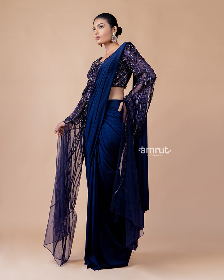 Dark Blue Imported Lycra Ready To Wear Sarees