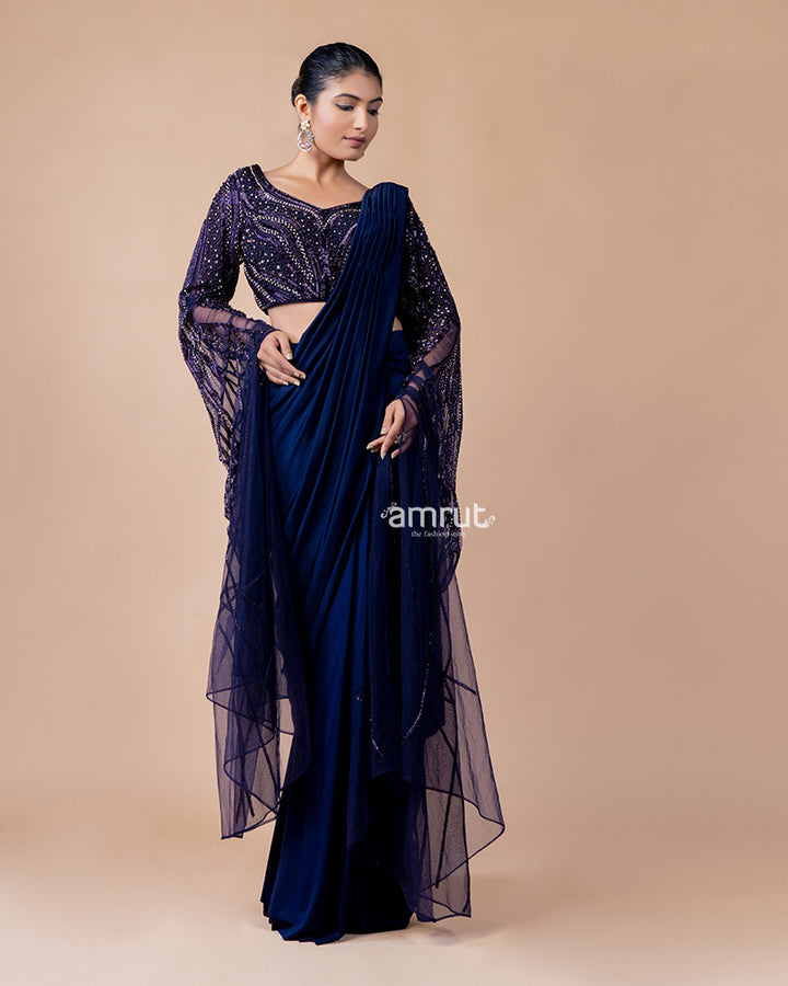 Dark Blue Imported Lycra Ready To Wear Sarees