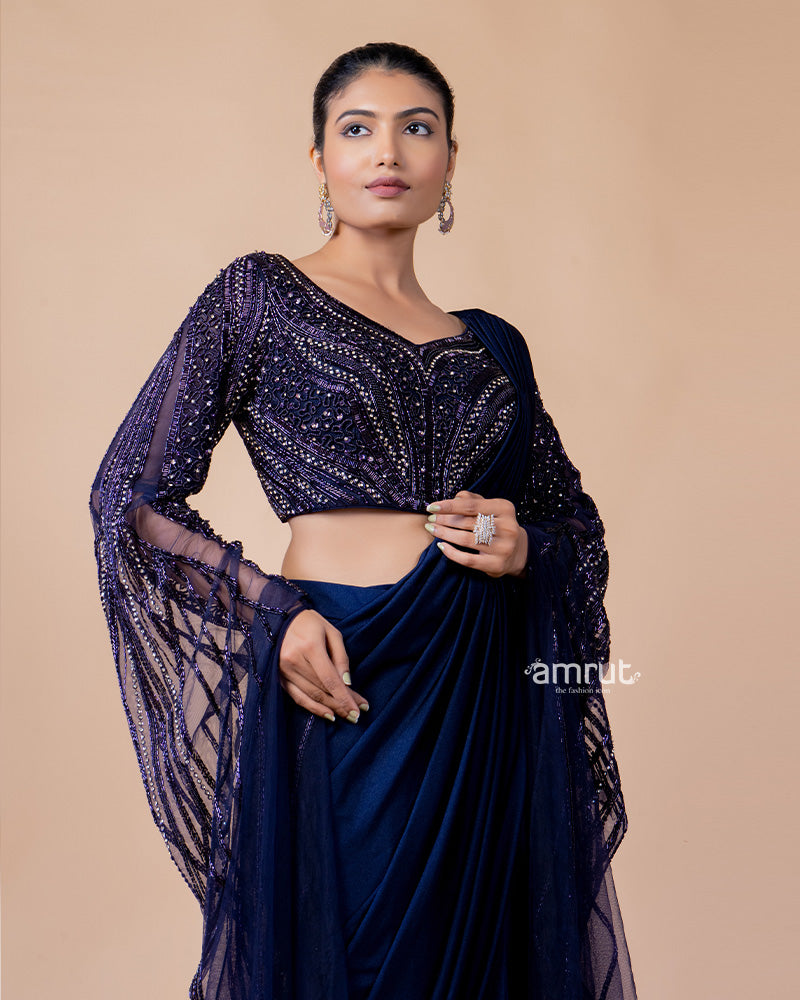 Dark Blue Imported Lycra Ready To Wear Sarees